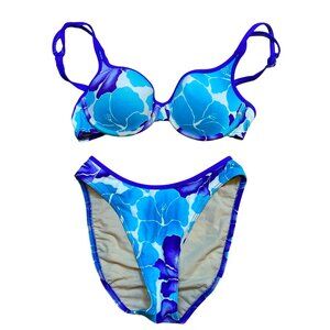 90s Blue Floral Print Bikini Set High Thigh Blue & White Underwire Padded Top Ad